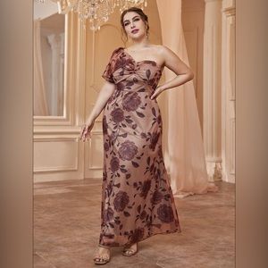 Plus Size 16 - Floral Print One Shoulder Butterfly Sleeve Formal Dress - Apricot